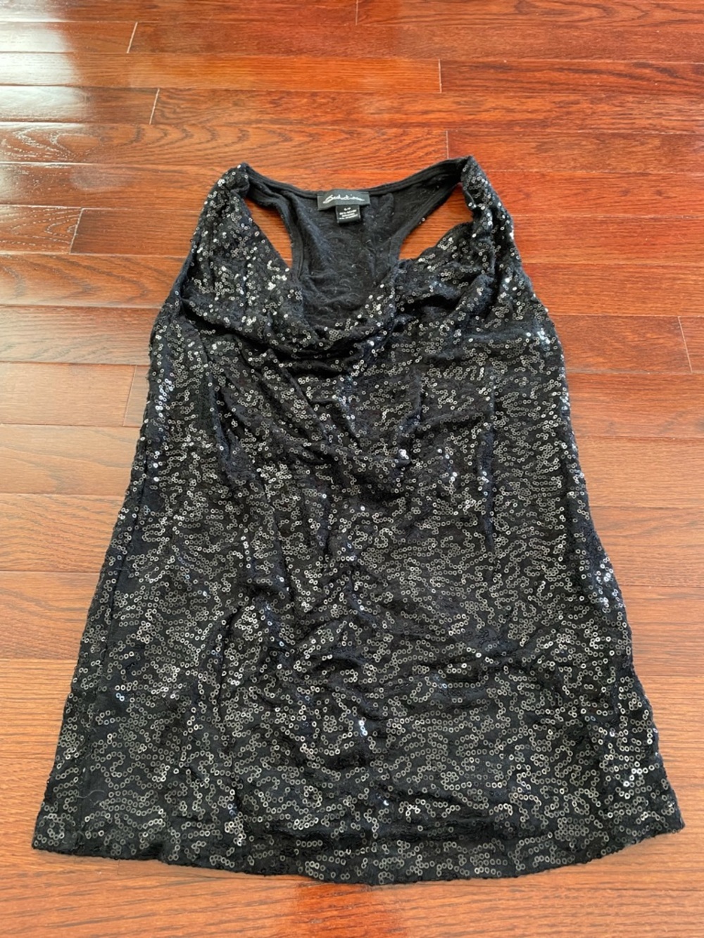 Women’s Black Sequin Cowl Neck/Draped Necklace Sleeveless Top (size S) 🖤